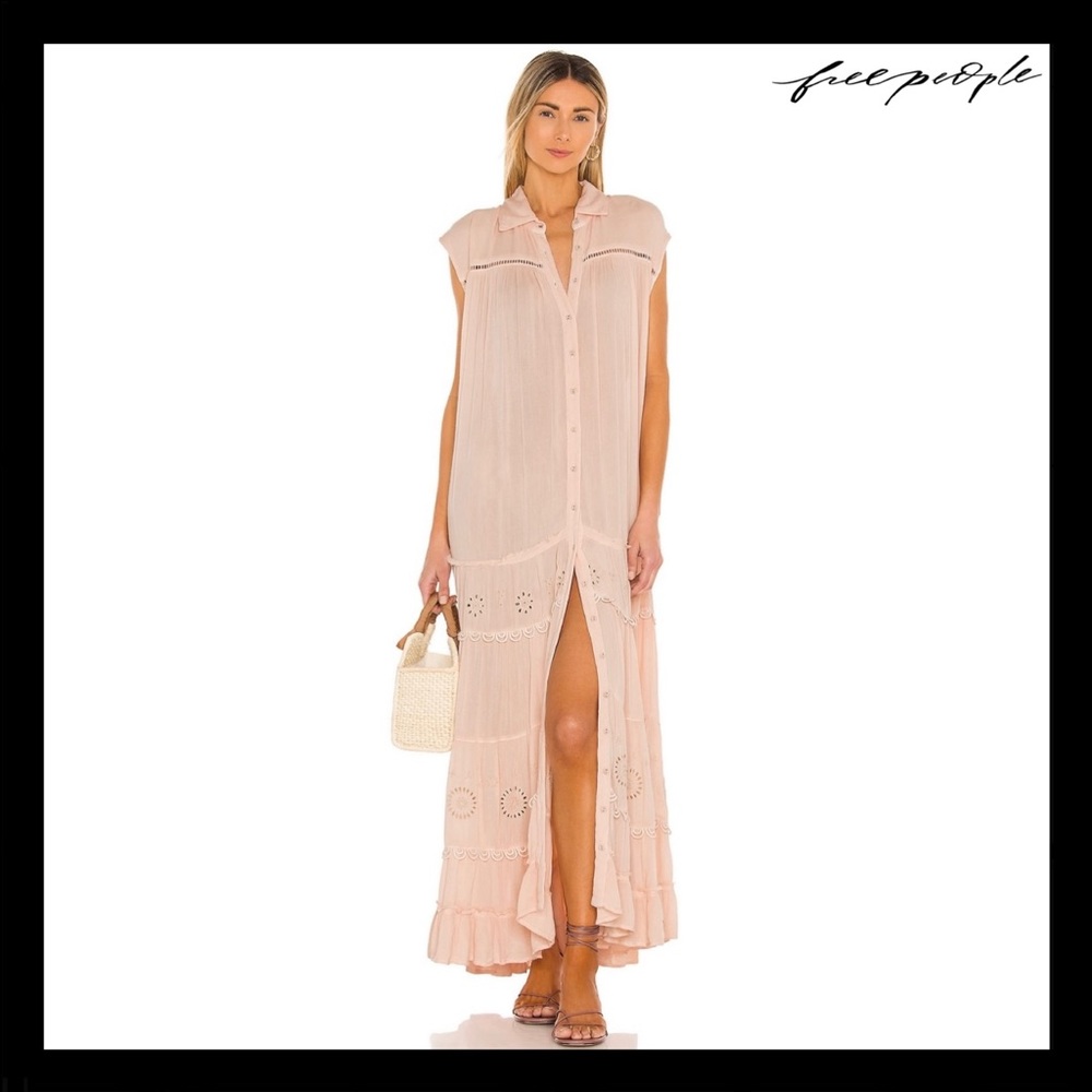 FREE PEOPLE PINK EMBROIDERED MAXI DRESS